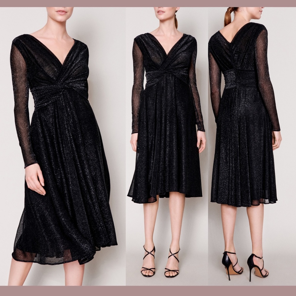 NWT $1650 TALBOT RUNHOF [ 16 ] Colson‎ Metallic Twist-Front Midi Dress Black